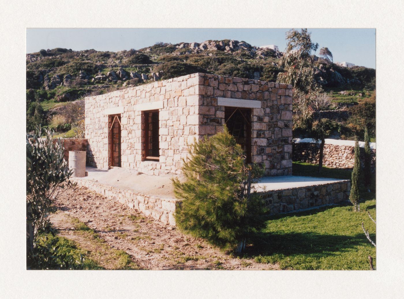 Photograph of a building in Greece used as a postcard, from Dimitri (Konstantinidis?) to Kenneth Frampton