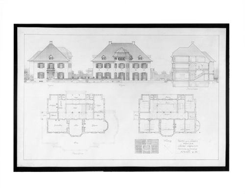 Student presentation drawing showing plans, section, and elevations for a villa, Technische Hogeschool Delft, Netherlands