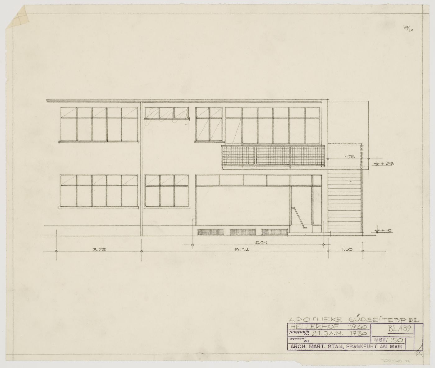 South elevation for a drugstore, Hellerhof Housing Estate, Frankfurt am Main, Germany