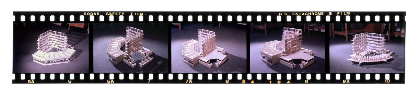 Strip of negatives showing a model of History Faculty Building, University of Cambridge, Cambridge, England