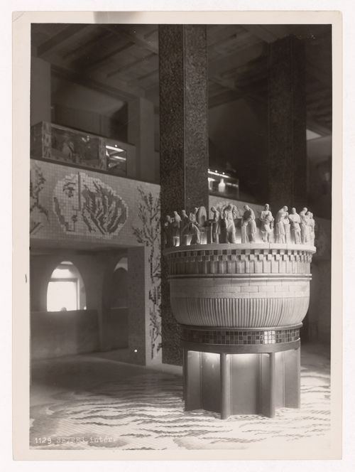 Interior view of the Pavillon de la Céramique, de la Verrerie et de la Monnie showing a mosaic and font, 1937 Exposition internationale, Paris, France