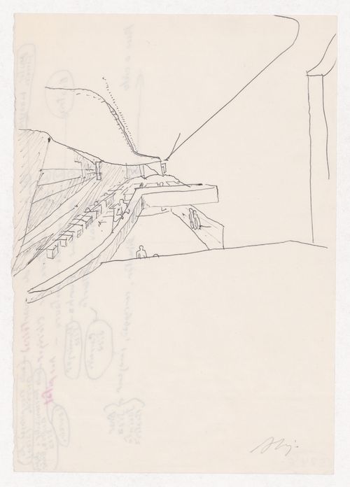 Sketch interior perspective for Banco Borges & Irmão II, Vila do Conde, Portugal; verso: unrelated notes