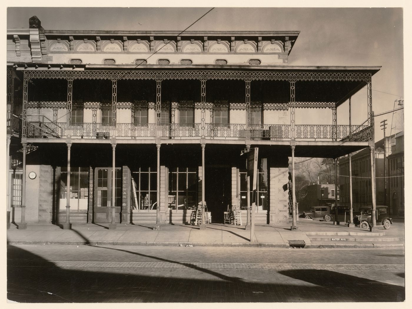Building with elaborate grillwork on Water Avenue, front view, Selma, Alabama
