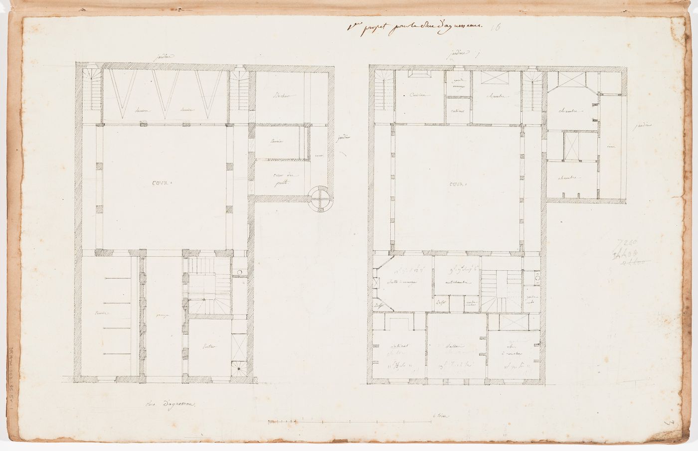 Plans for a house on rue d'Aguesseau, Paris; verso: Sketch elevation and plans for an unidentifed house