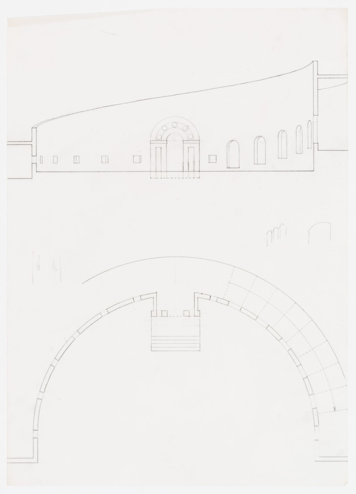 Staatsgalerie, Stuttgart, Germany: sectional elevation and plan of the rotunda