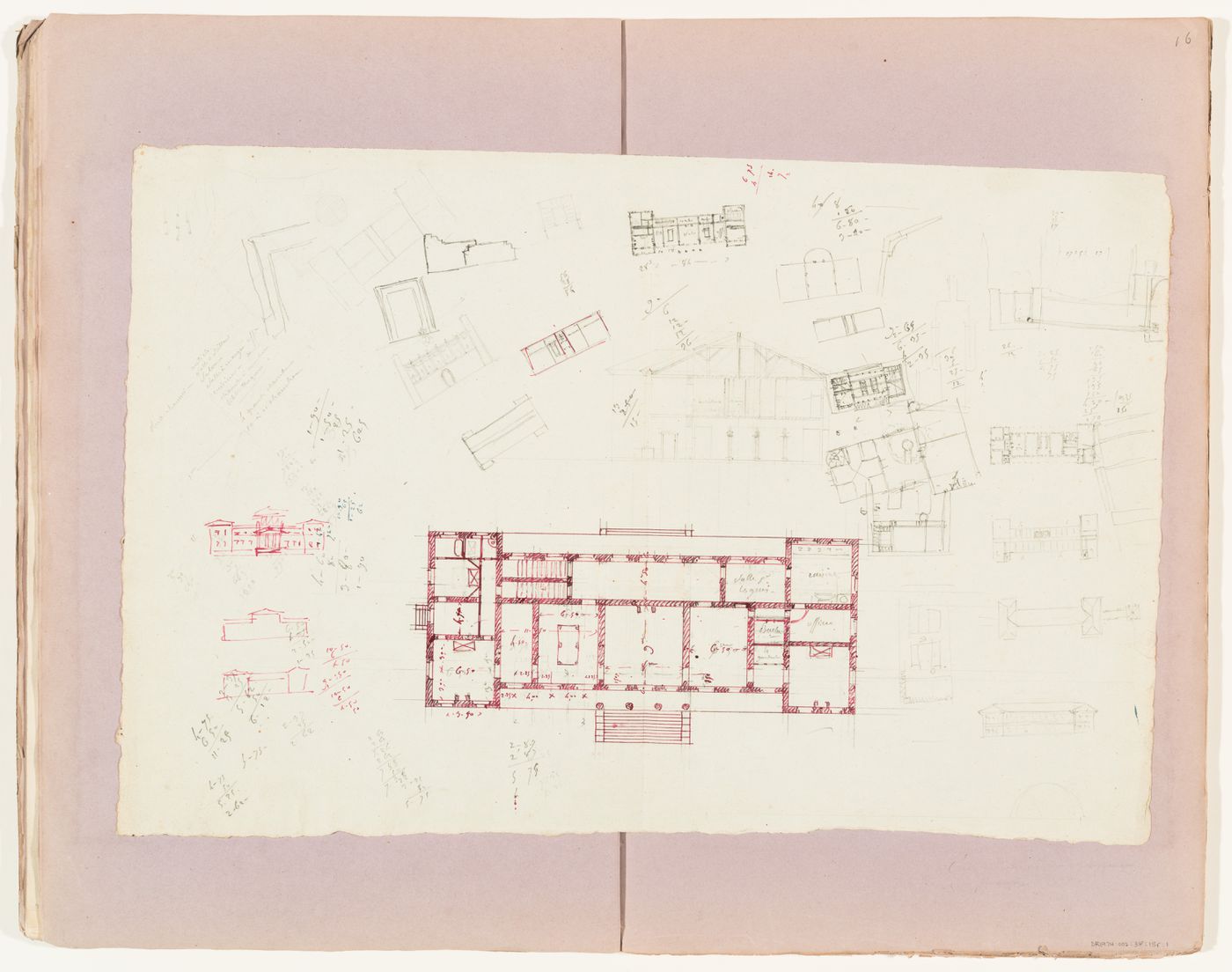 Plan, section and sketches for a two-storey country house; verso: Building programme for a château