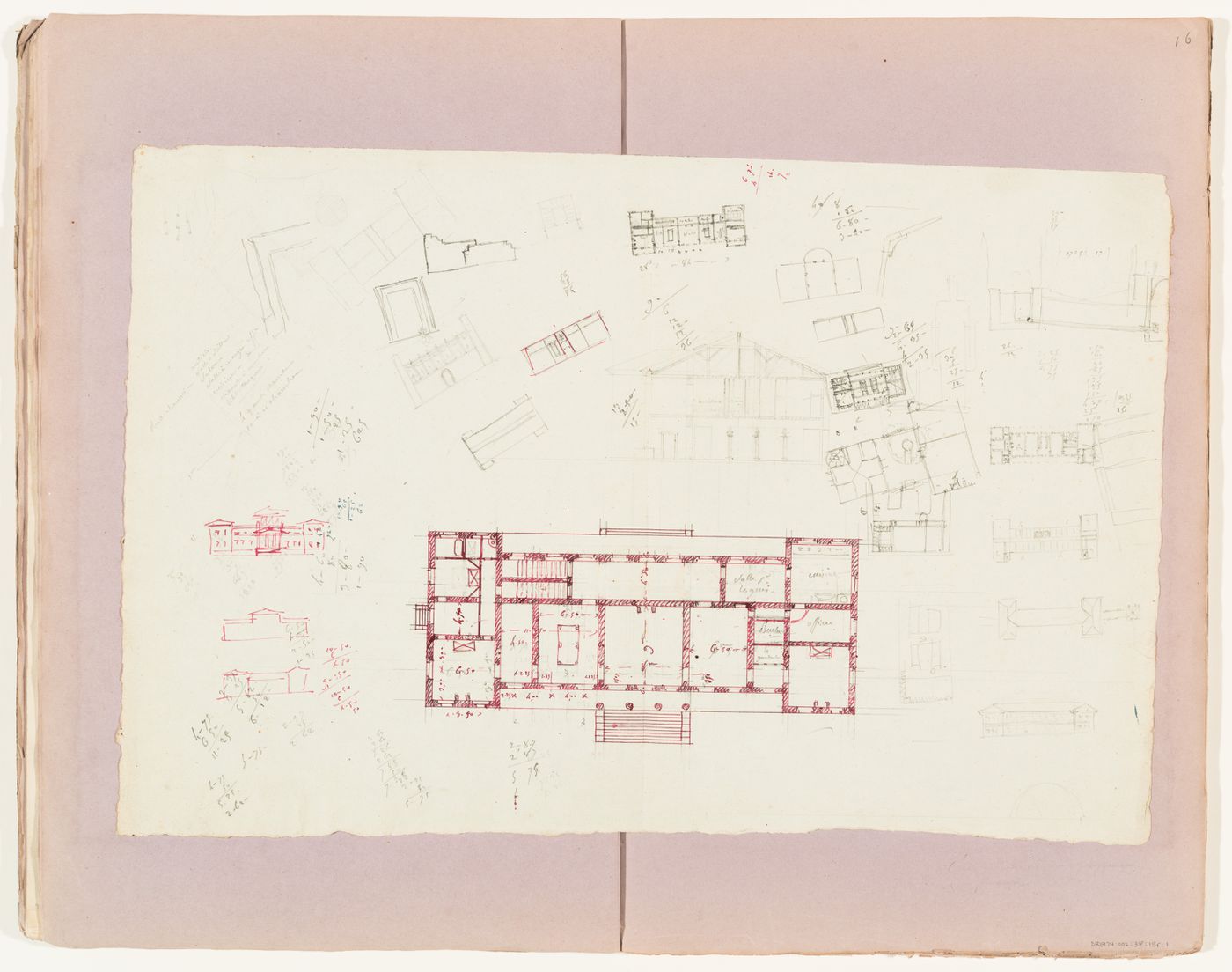 Plan, section and sketches for a two-storey country house; verso: Building programme for a château