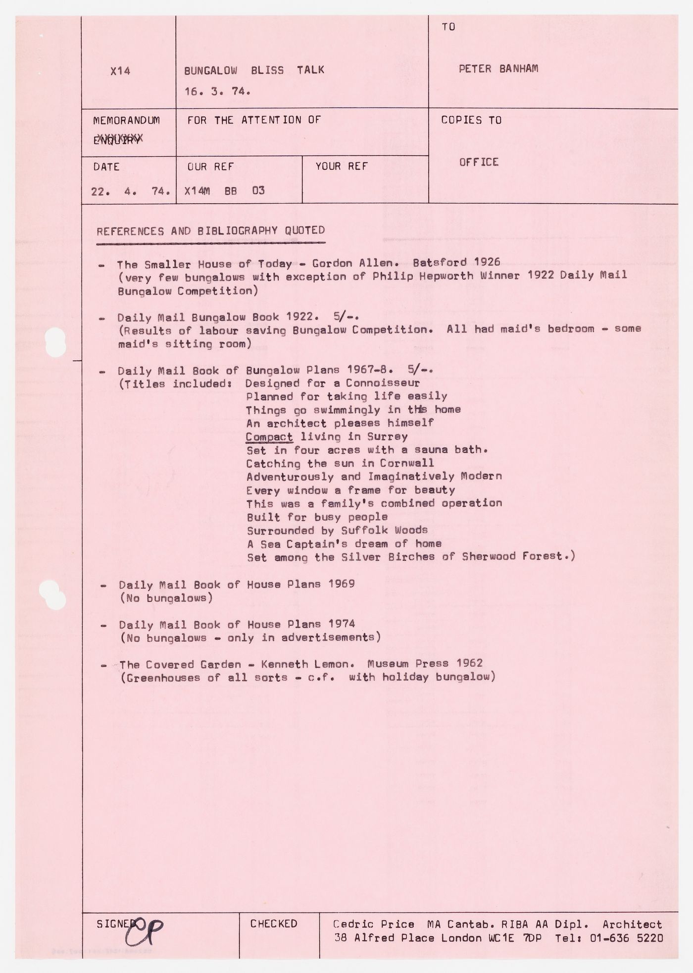 Memorandum to Peter Banham listing the bibliography and references for the "Bungalow Bliss Talk" presented March 16, 1974