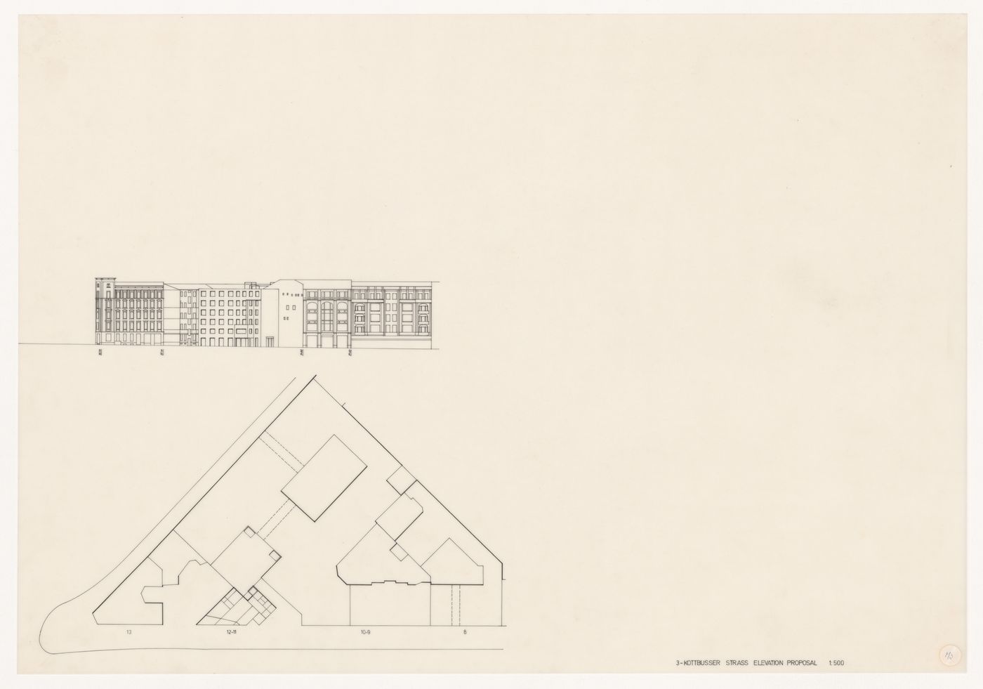 Elevation and plan for Block 11 e 12, Kottbusser Damm [11-12 Kottbusser Damm], Berlin, Germany