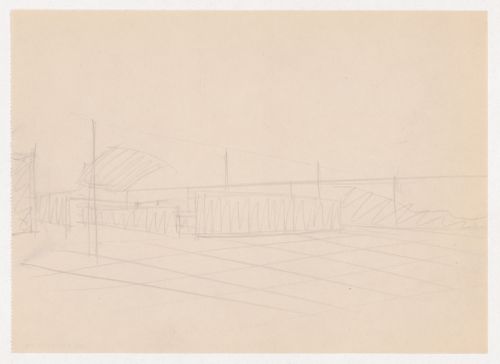 Interior perspective sketch for Museum for a Small City showing the auditorium with suspended ceiling