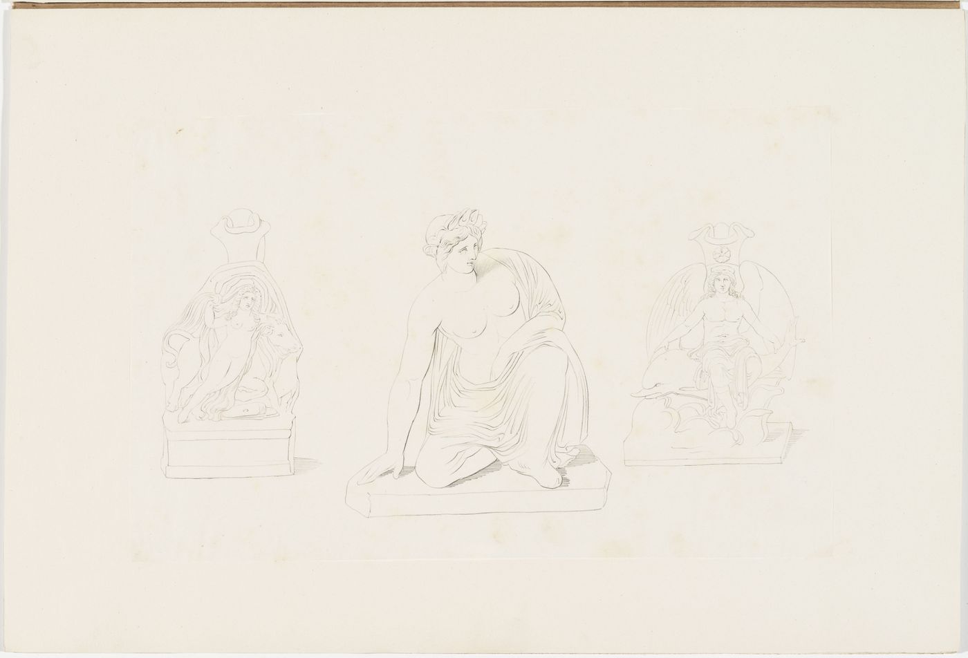 Drawings of three classical statues: a pouring vessel with a female statue embracing a bull, probably Europa, a crouching partially draped statue of Aphrodite, and a pouring vessel with a male statue on a dolphin, probably Poseidon