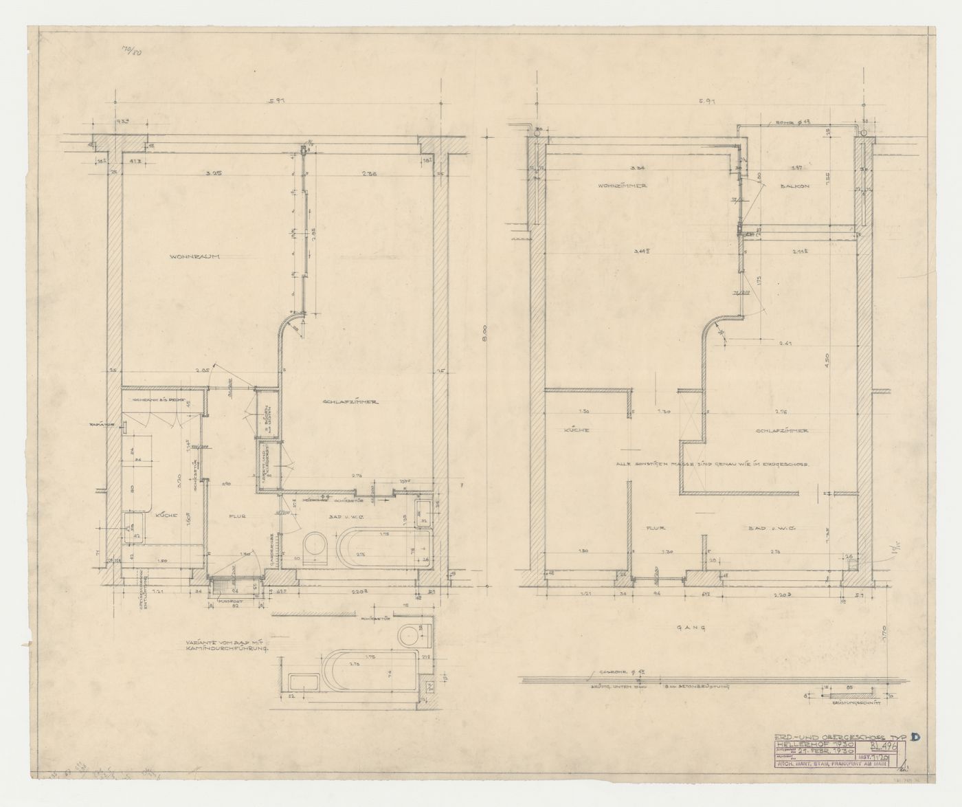Section for a balustrade and ground, first, and partial first floor plans for a type D housing unit, Hellerhof Housing Estate, Frankfurt am Main, Germany