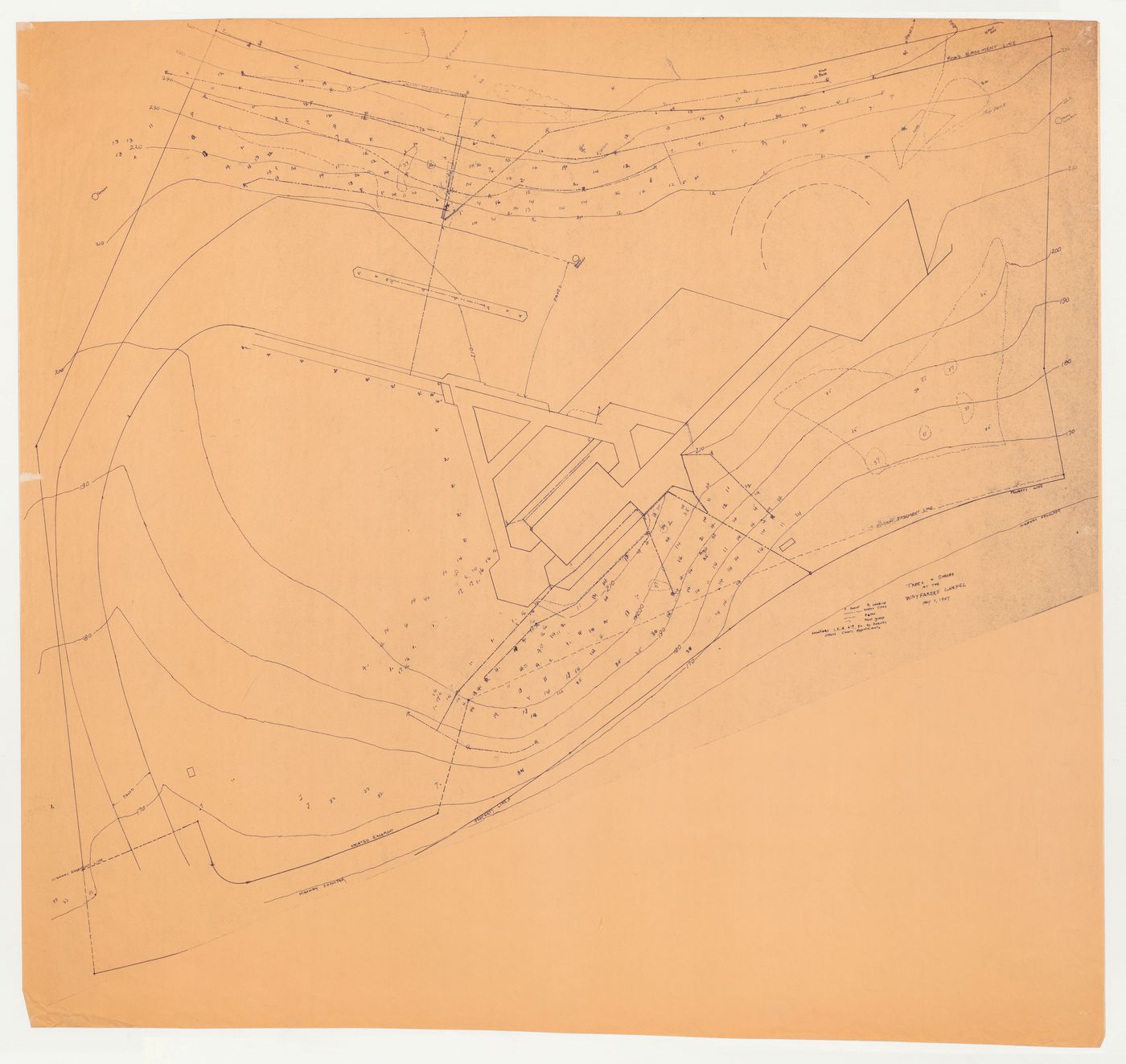 Wayfarers' Chapel, Palos Verdes, California: Contour map of site, showing the location of trees and shrubs