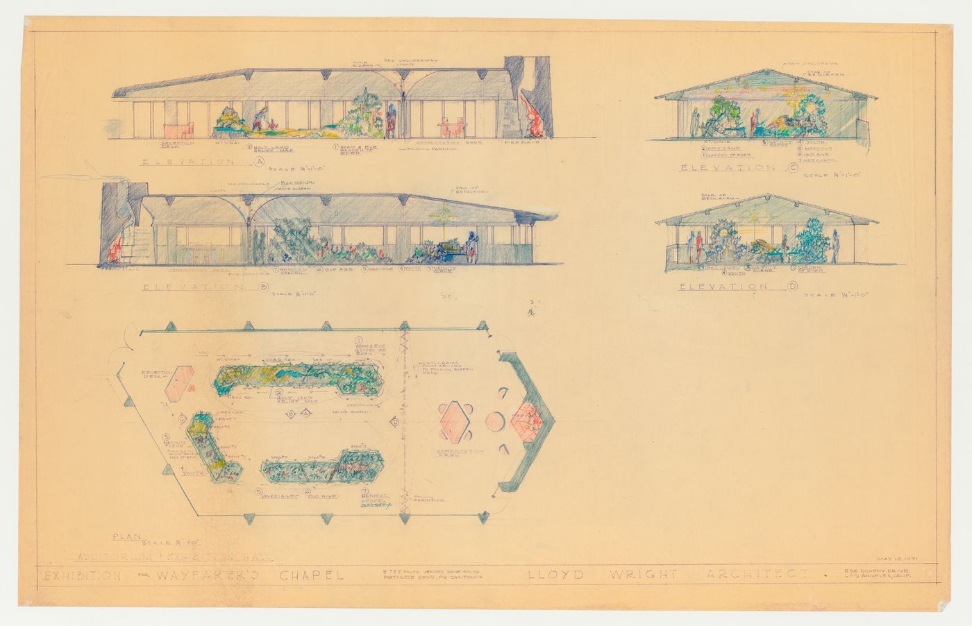 Wayfarers' Chapel, Palos Verdes, California: Plan, two longitudinal and two cross sections for the auditorium audiovisual exhibition