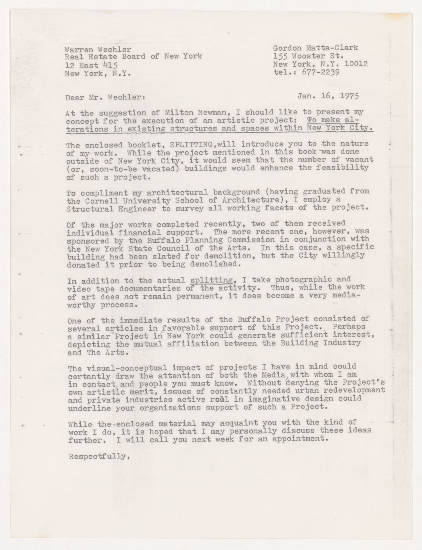 Letter from Gordon Matta-Clark to Warren Wechler