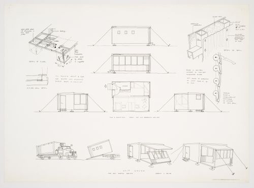 Unit House: plan, elevations, details and sketches showing transport and enlargement of the house