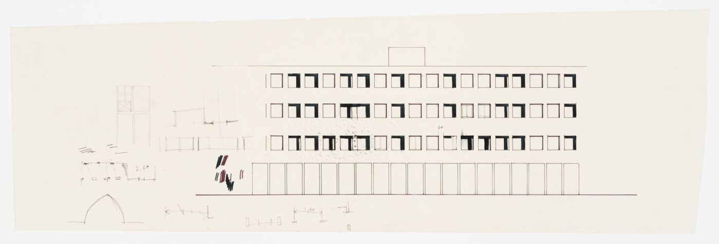 Residential building in the Gallaratese 2, Milan, Italy: elevation and sketches