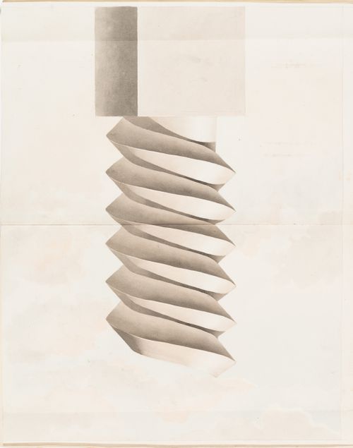 Elevation of a spiral rendered with light and shade and a backdrop of a cloudy sky