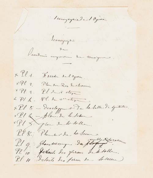 Table of contents for drawings and lithographs for proposed alterations, Salle Le Peletier