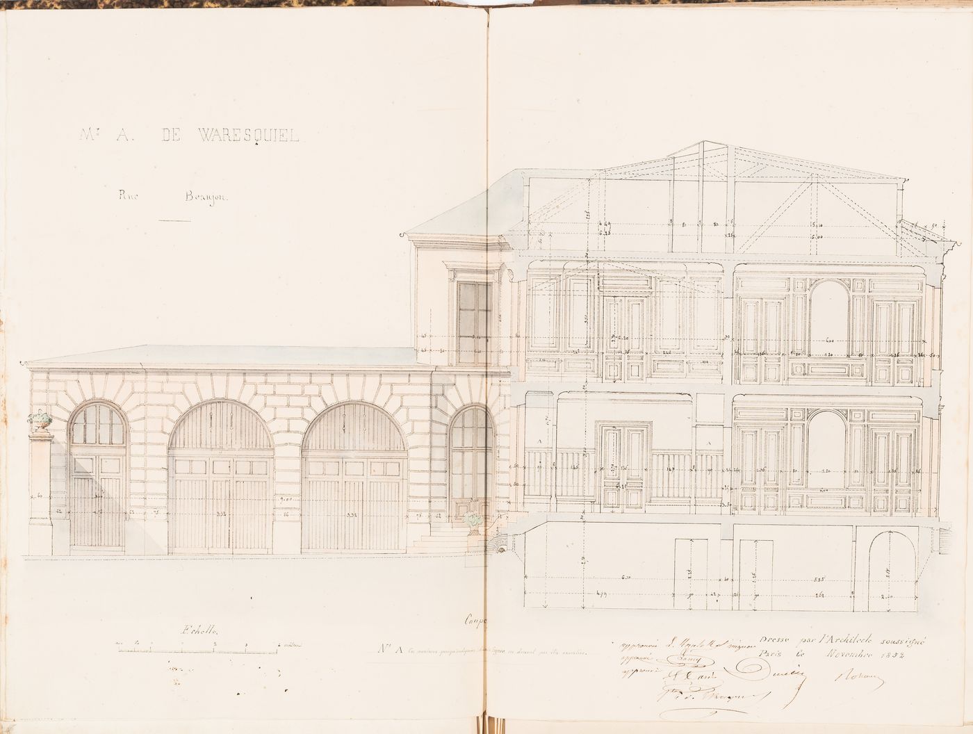 Contract drawing for a house for Monsieur A. Waresquiel, rue Beaujon, Paris: Longitudinal section through the courtyard