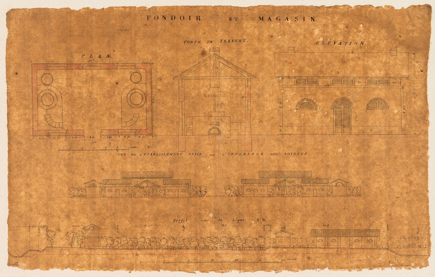 Project for Clos d'équarrissage, fôret de Bondy: Plan, elevations, and sections for a "magasin" and "fondoir"