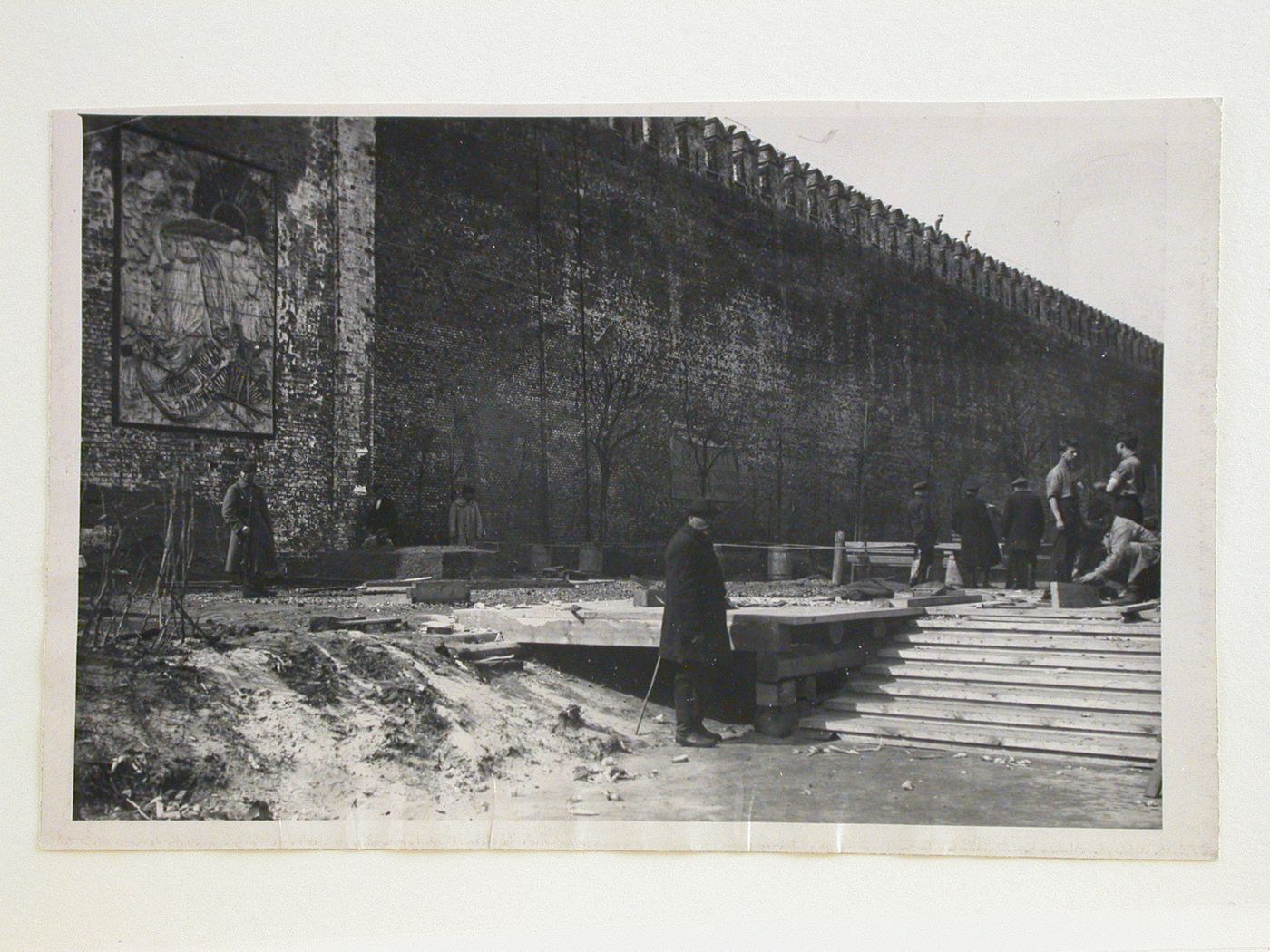 View of the tribunals adjacent to the second wooden Lenin Mausoleum under construction, Red Square, Moscow