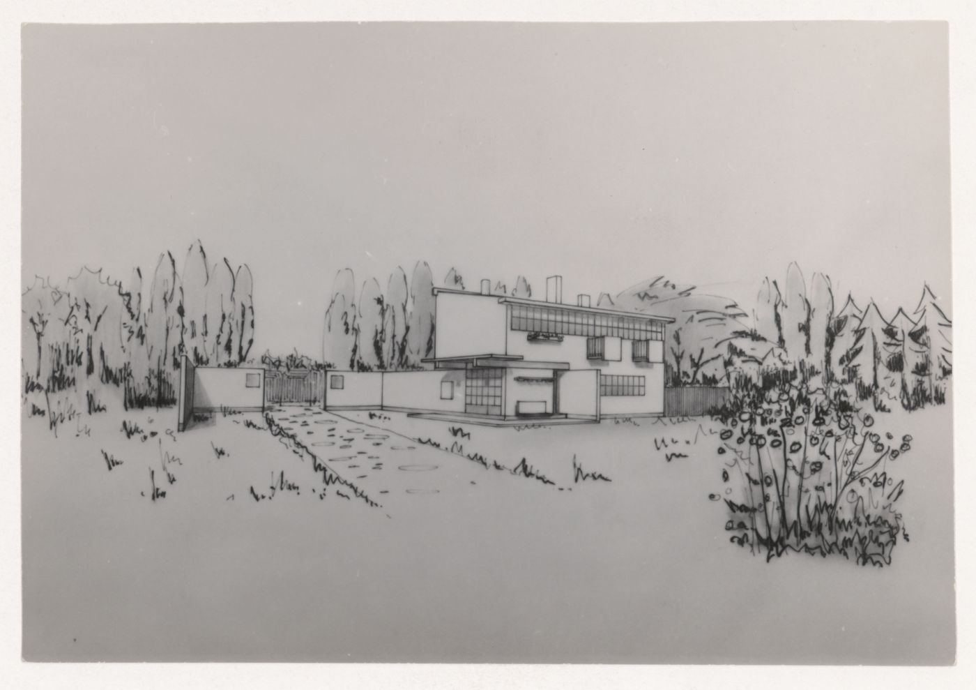 Photograph of a perspective drawing for the De Hoge Veluwe park-keeper's house, Otterloo, Netherlands