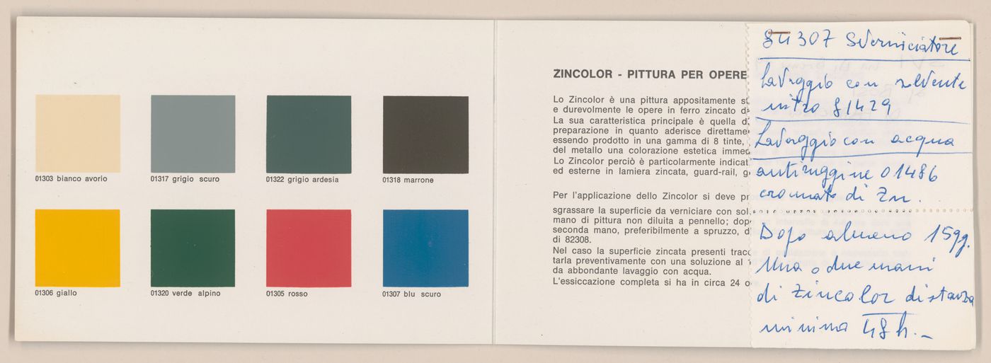 Notes stapled to a colour sample brochure for Casa Bay, Borgo Ticino, Italy