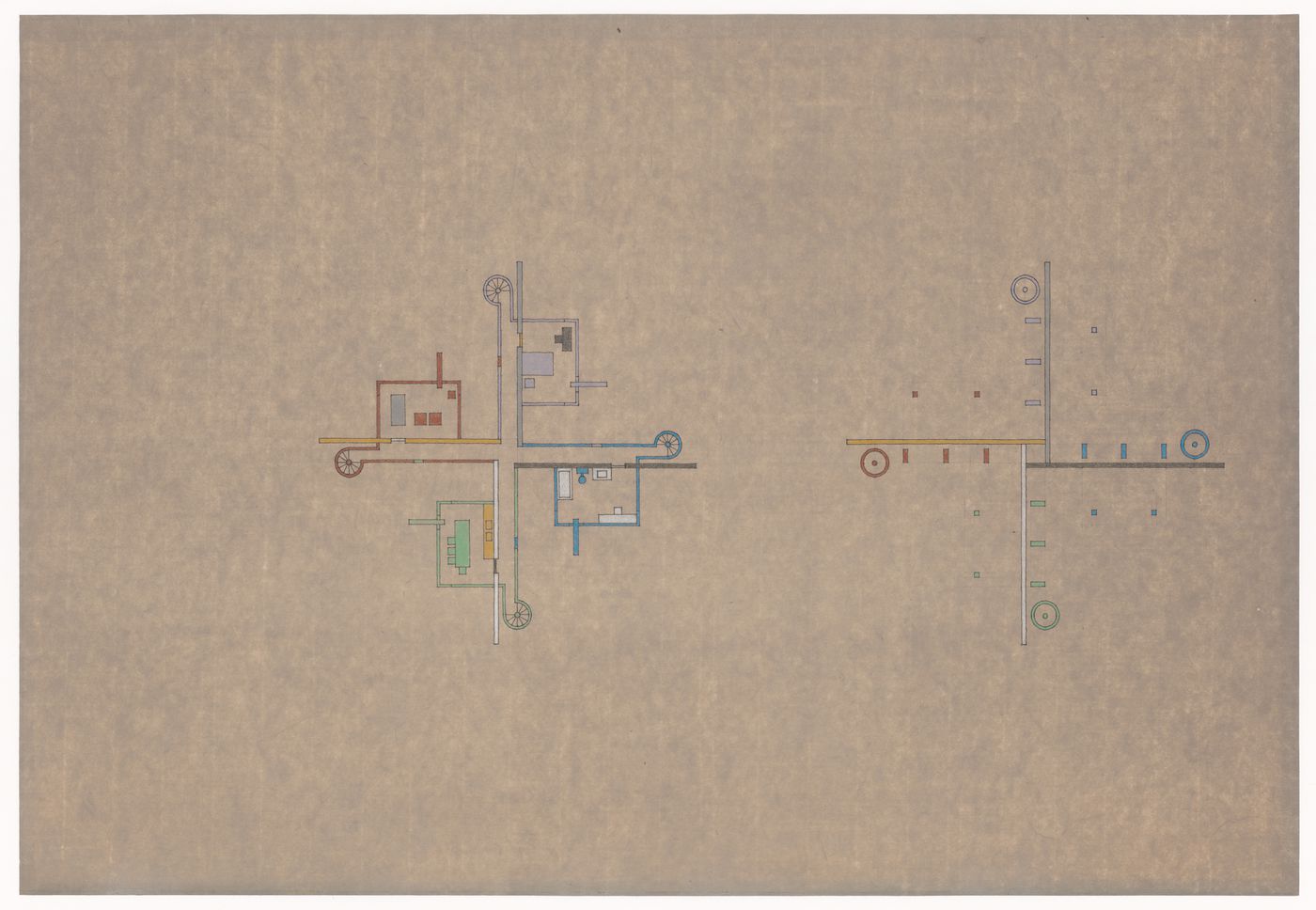 Plans for the ground and second levels for the North East South West House