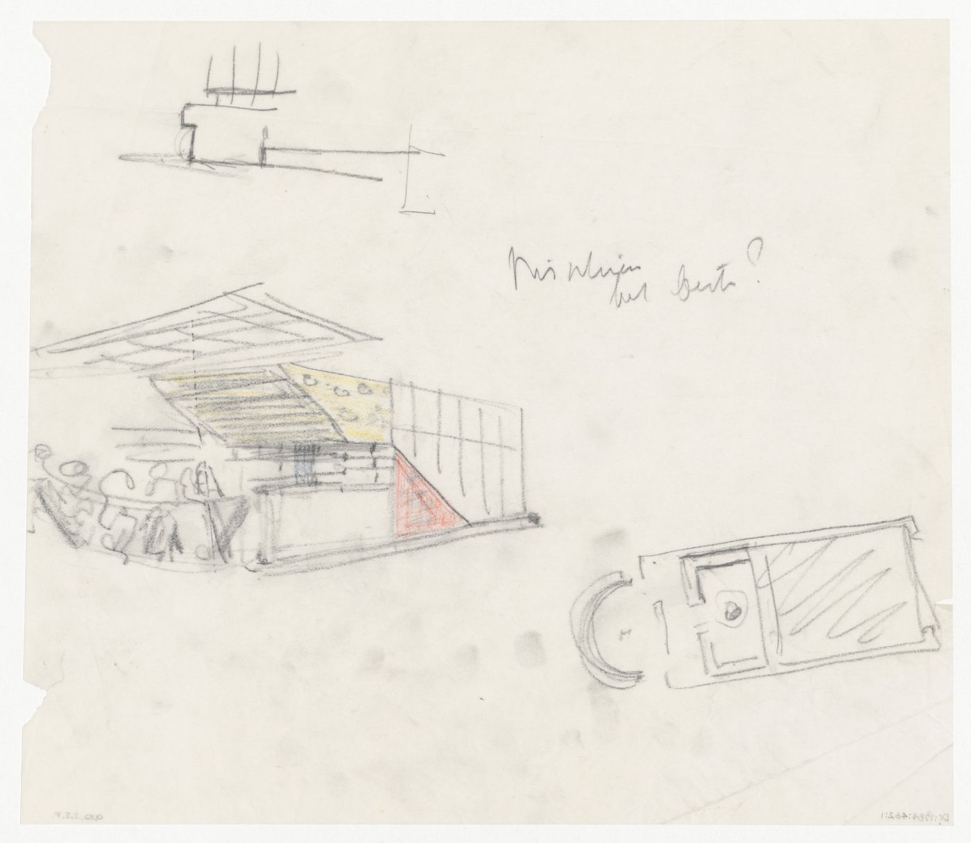 Sketch plan, sketch perspective, and sketch elevation for a food kiosk for the Congress Hall Complex, The Hague, Netherlands