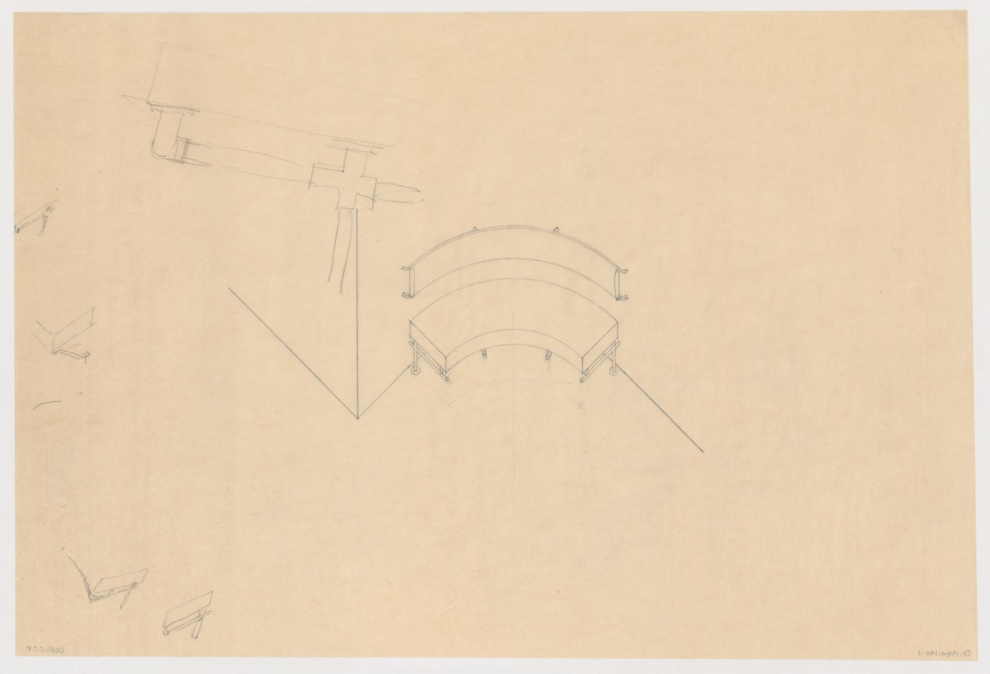 Axonometric and details for a built-in hall bench for Villa Allegonda, Katwijk aan Zee, Netherlands