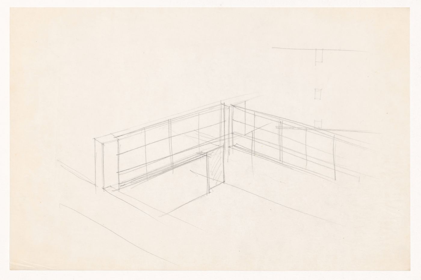 Bird's-eye perspective sketch for a court for the Gymnasium, with sketch, possibly a partial plan