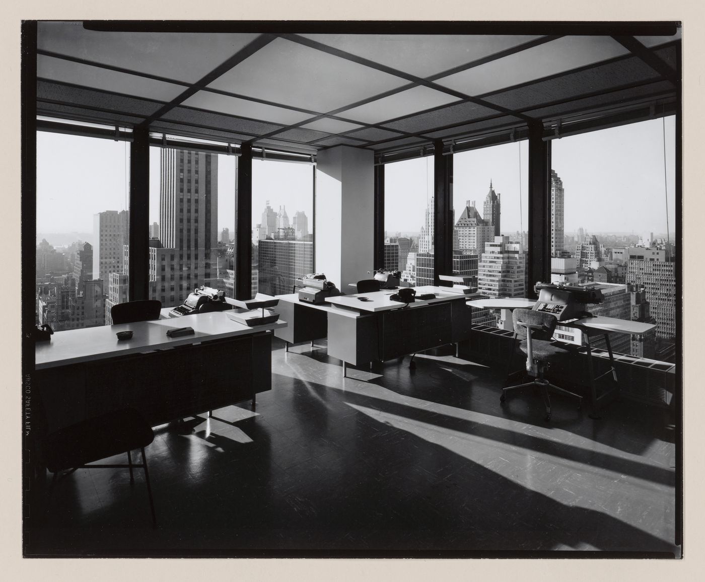 Interior view of a furnished office in the Seagram Building showing the recessed light fixtures designed by Richard Kelly, New York City