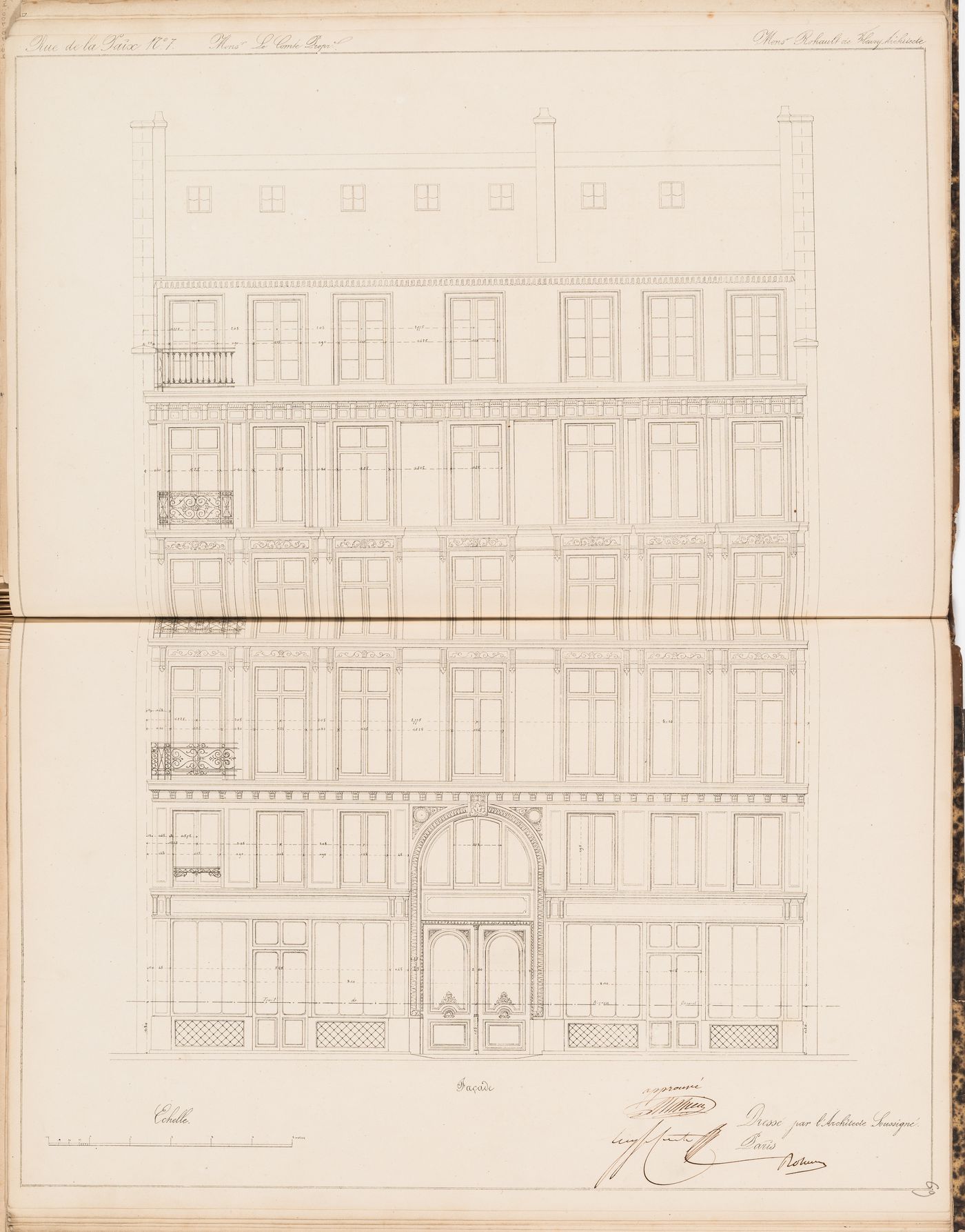 Contract drawing for the Hôtel du Timbre for Monsieur Le Comte, 7 rue de la Paix, Paris: Elevation for the principal façade