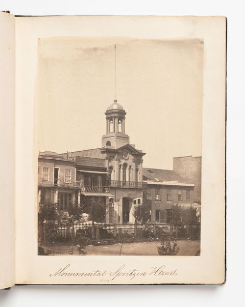 View of the Monumental Engine Fire Station from across Brenham Place, Portsmouth Square (also known as the Plaza), San Francisco