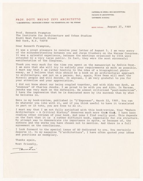 Letter to Kenneth Frampton from Bruno Zevi