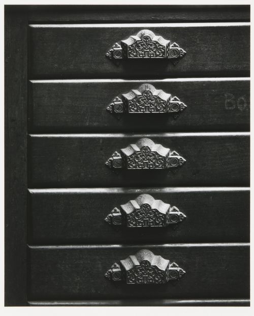 Detail view of drawer handles, city clerk's office, second floor, Old City Hall, Boston, Massachusetts, United States