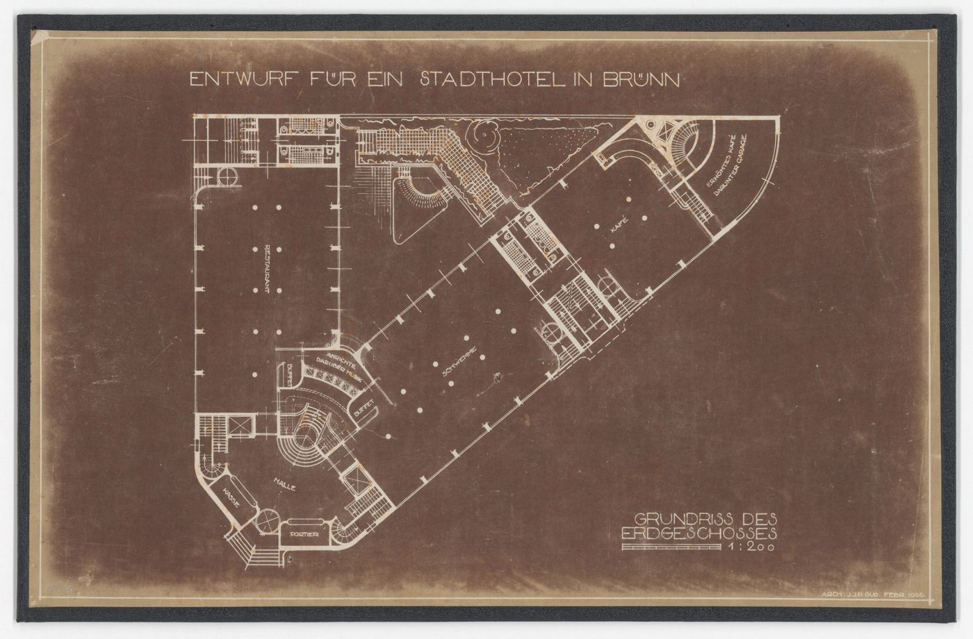 Ground floor plan for Hotel Stiassni, Brno, Czechoslovakia (now Czech Republic)