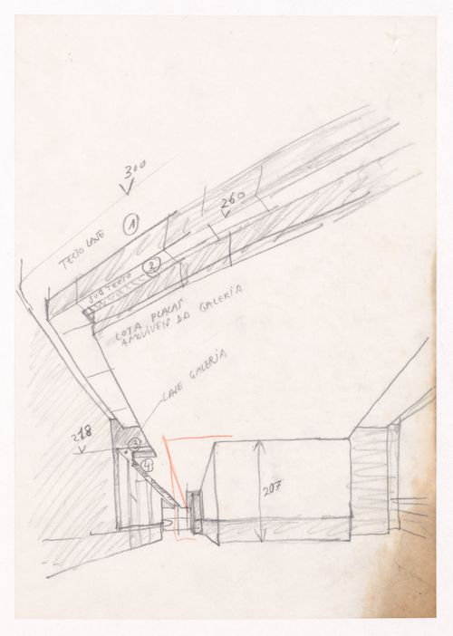 Sketch interior perspective with annotations for Edifício de Escritórios na Av. D. Afonso Henriques, Avenida da Ponte, Porto, Portugal