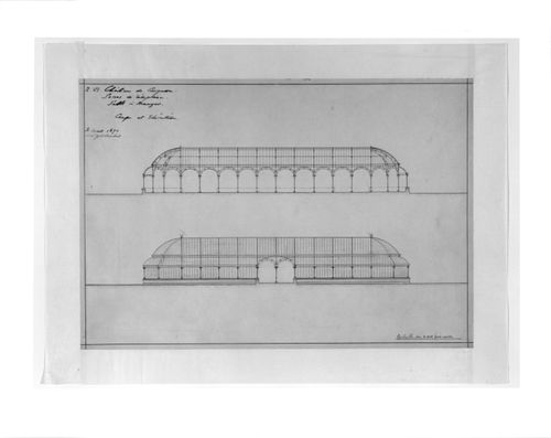 Longitudinal section and elevation for the proposed glass dining hall at the Château de Ciergnon