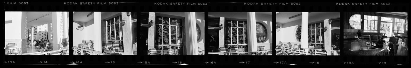Strip of negatives of retirement hotels, Miami, Florida