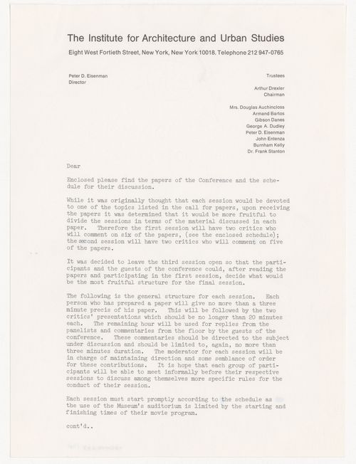 Template letter by Peter D. Eisenman about Conference on Architectural Education U.S.A. with attached structure and shedule of conference
