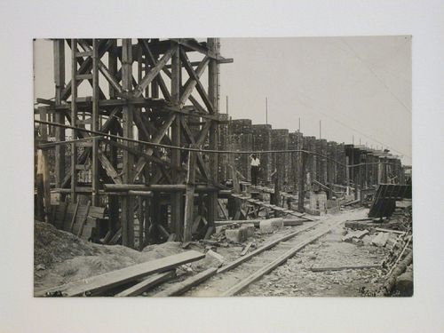 View of the Building of Industry construction site with railway tracks in the foreground, Sverdlovsk, Soviet Union (now Ekaterinburg, Russia)