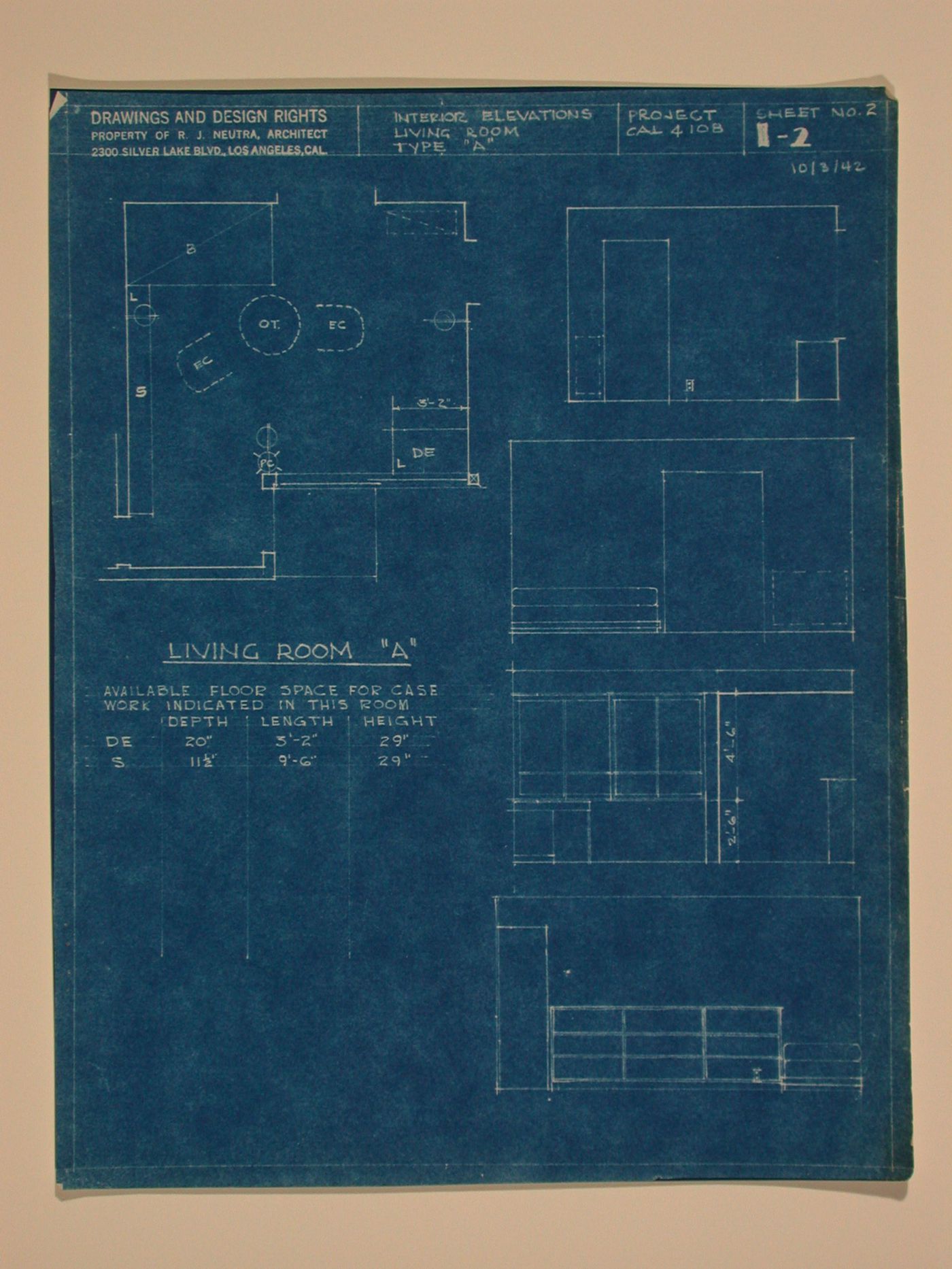 Interior elevations and plan for living room type "A"