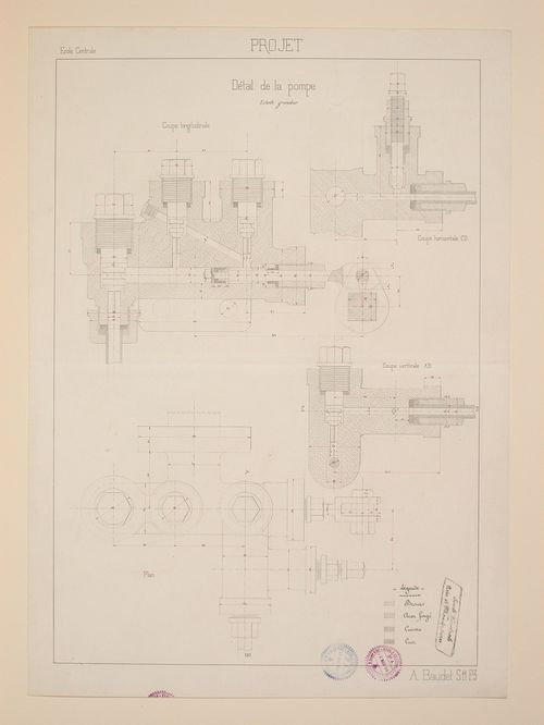 Student engineering drawing: Plan and sections for a pump