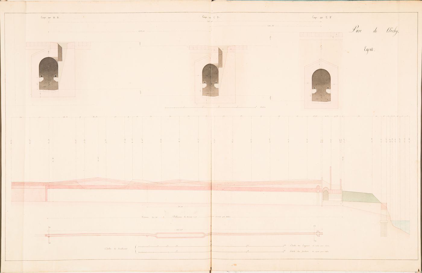 Longitudinal section and cross sections for a sewer, Parc de Clichy