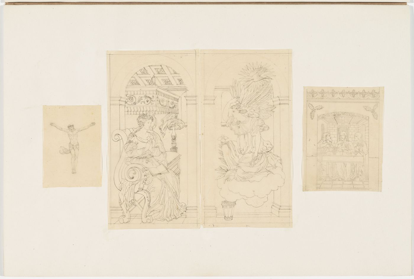 Drawings of religious imagery: A crucified Christ; an Annunciation; and an interior scene with Christ and his disciples