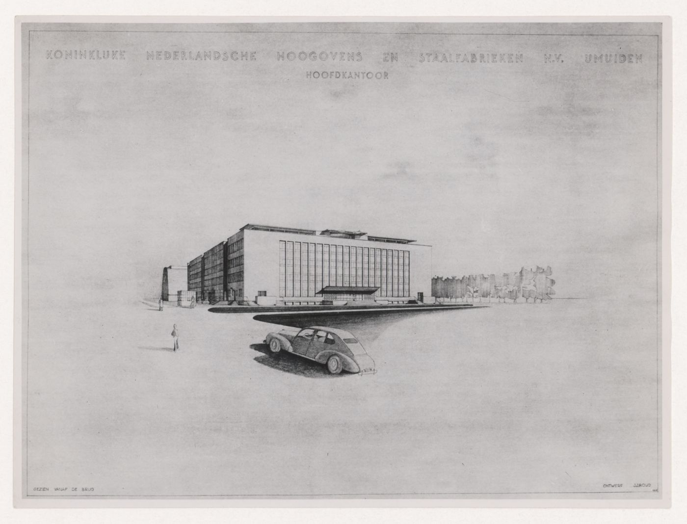 Photograph of a perspective drawing for the office building for the Dutch Steelworks Headquarters, IJmuiden, Netherlands