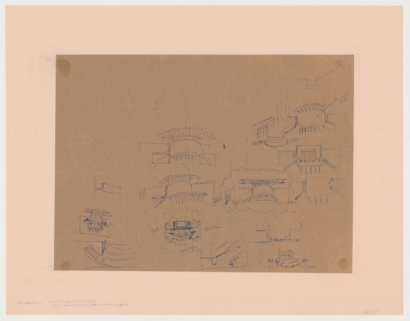 Sketch perspectives for the prinicipal façade, sketch plan, and sketch section for the Congress Hall Complex, The Hague, Netherlands