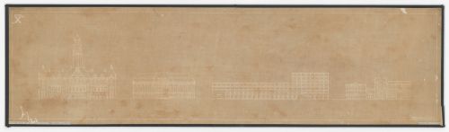 Street elevation for the principal façade for the New Stock Exchange Building including City Hall, the Central Post Office and Café de Unie, Rotterdam, Netherlands